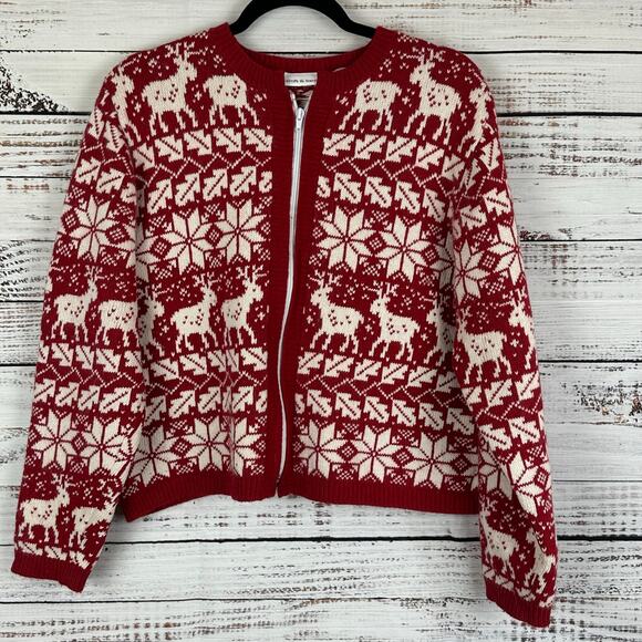 Women's Croft & Barrow Silk Blend Reindeer Snowflake Red Cream Zip Cardigan Sz L - Picture 1 of 8